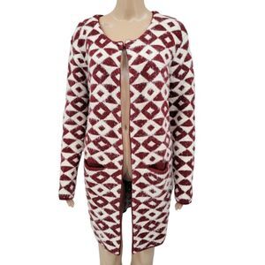 Carapace Longline Cardigan Maroon and White Geometric Aztec Pattern Women's S